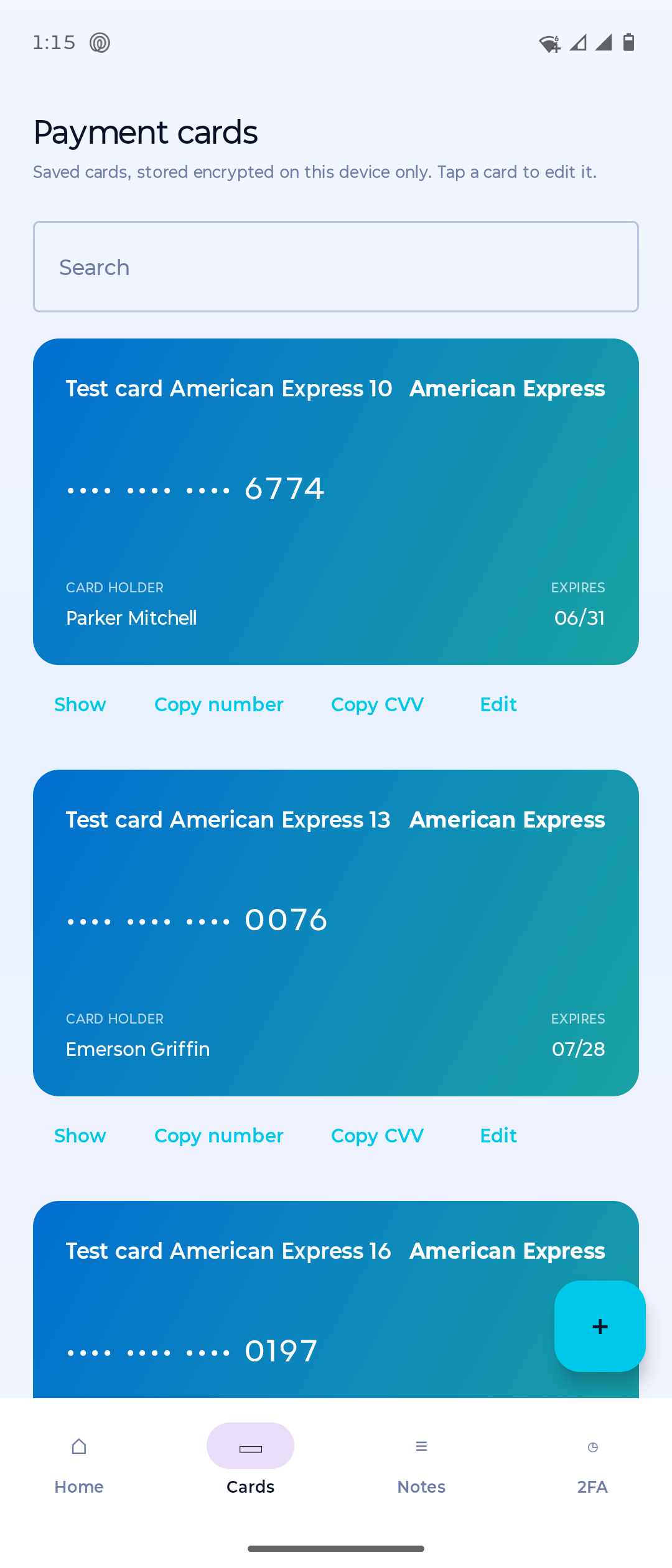 ENGRAMPass payment cards screen showing saved cards stored encrypted on the device