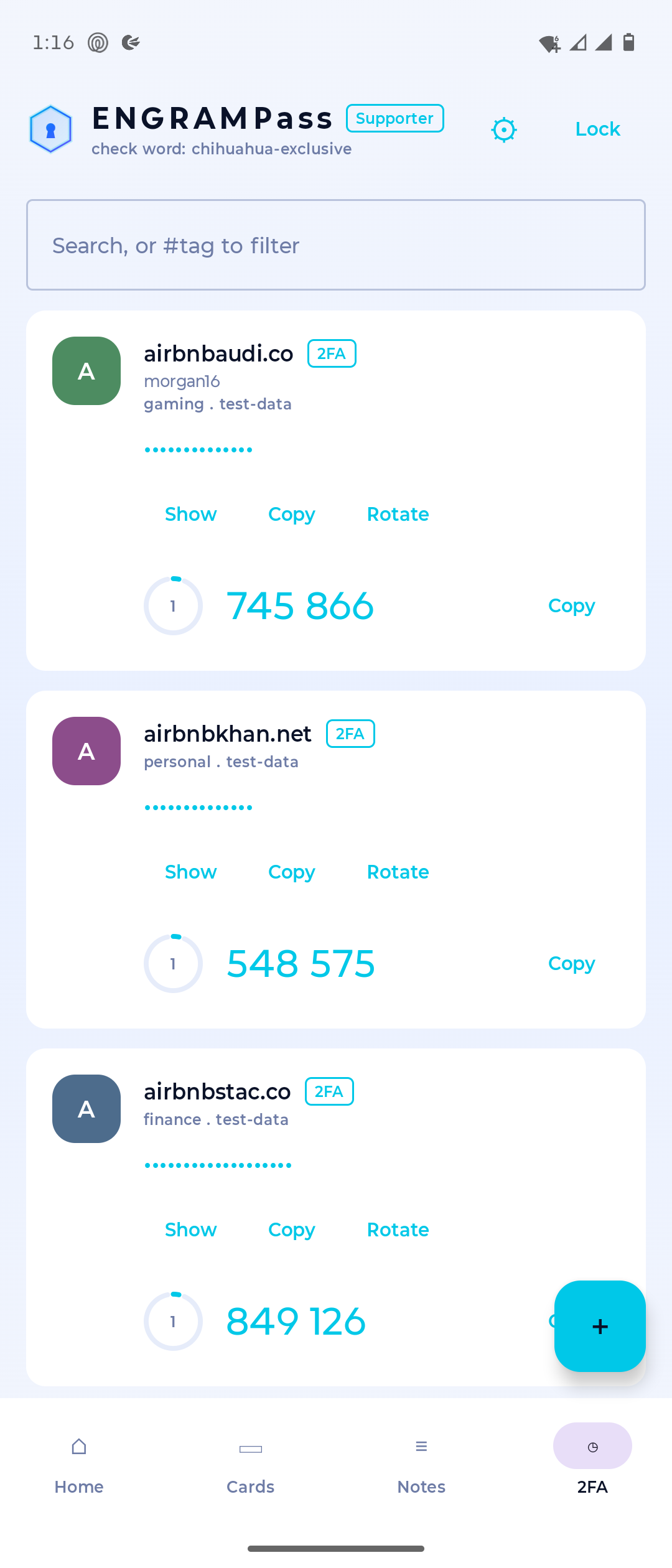 ENGRAMPass home screen showing a list of sites, each with a password and a live two-factor code