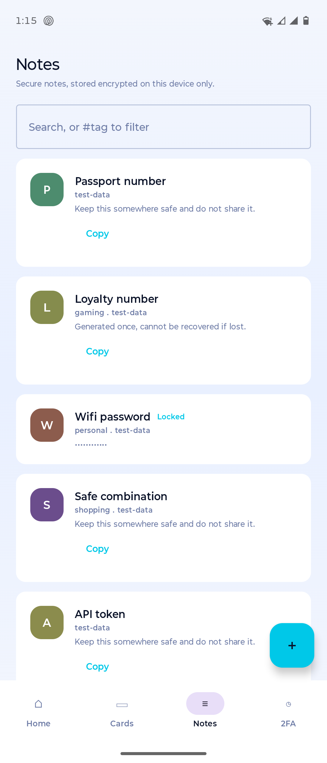 ENGRAMPass secure notes screen with tagged, encrypted notes and quick filtering
