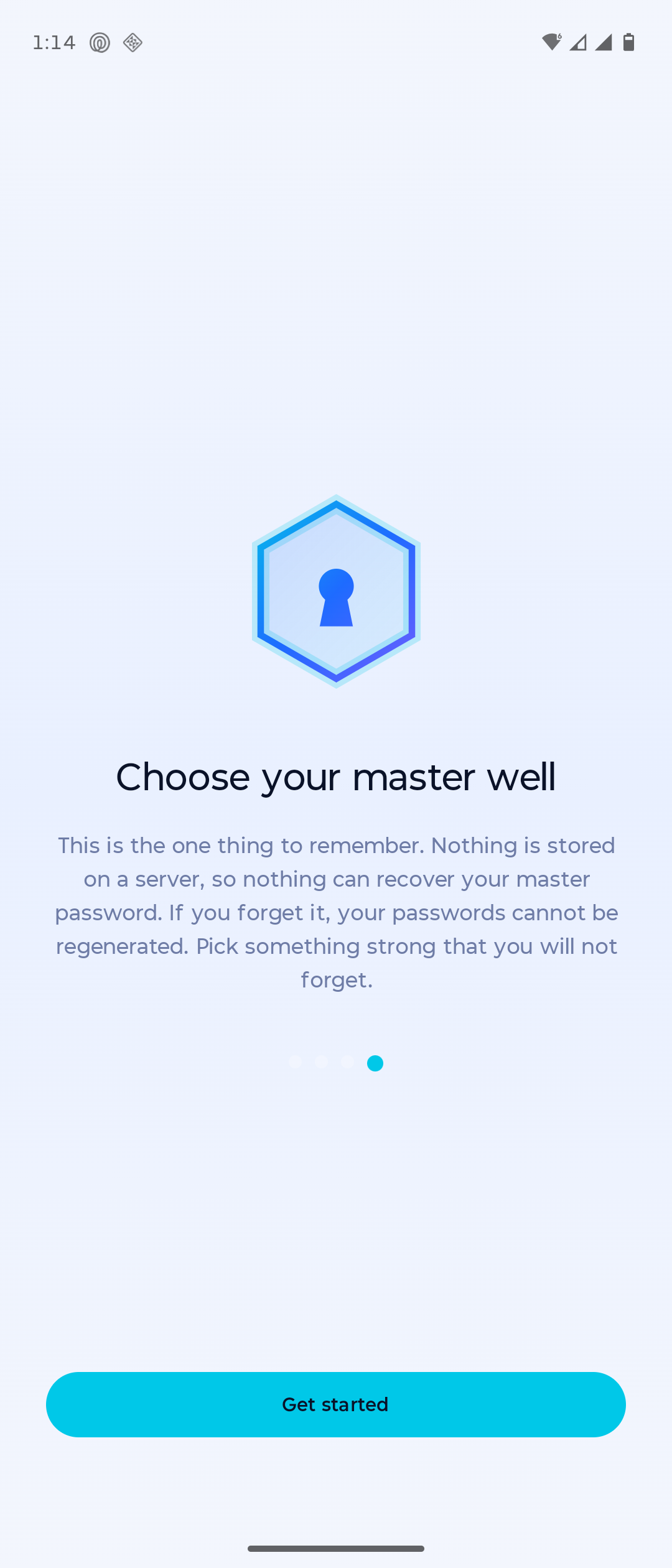 ENGRAMPass onboarding screen titled Choose your master well, explaining the master password cannot be recovered