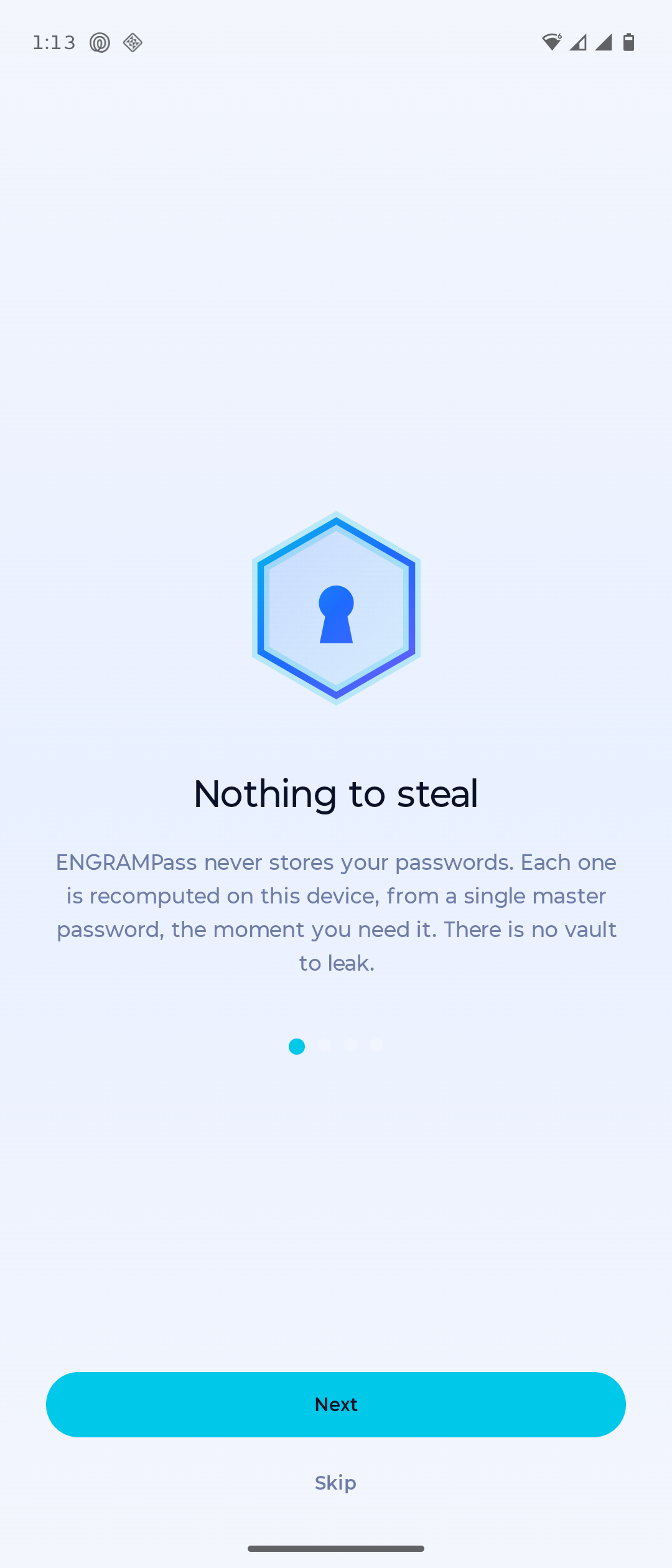 ENGRAMPass onboarding screen titled Nothing to steal, explaining passwords are recomputed on-device