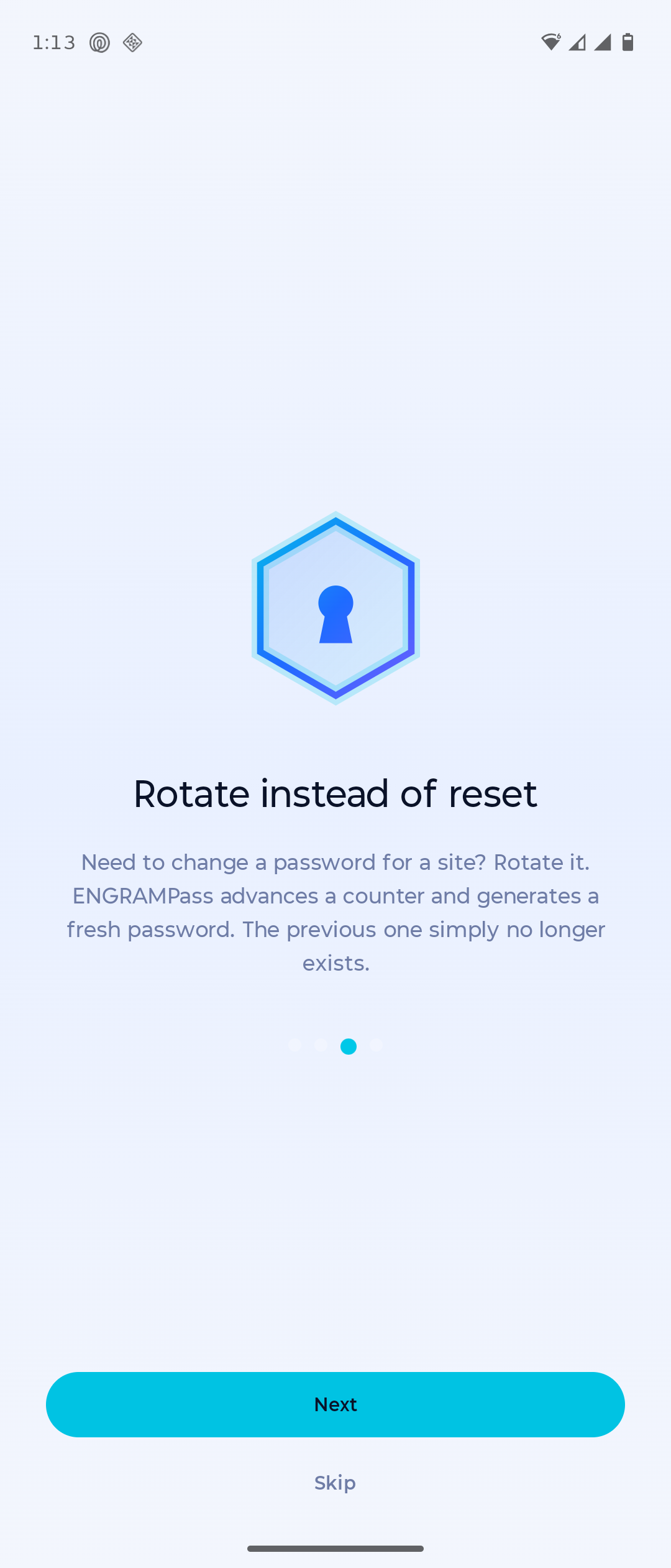 ENGRAMPass onboarding screen titled Rotate instead of reset, explaining counter-based password rotation